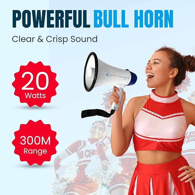 Technical Pro 20 Watts Lightweight Portable 300M Range Megaphone Bullhorn with Strap, Siren, and Volume Control, Good for Trainers, Soccer, Football, Baseball, Coaches
