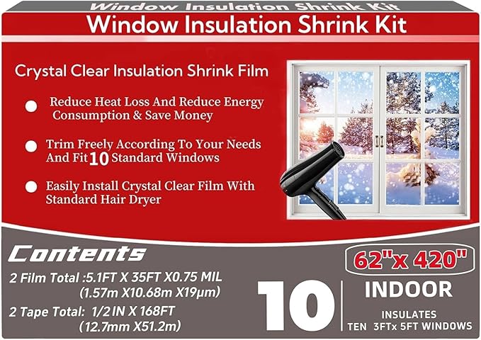Indoor Window Insulation Kit, Clear Window Film Keeps Cold Drafts Out and Warm Air in (10W(62x420IN))