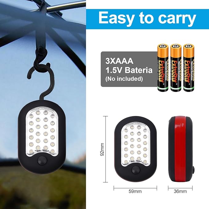 EXTRASTAR 3-in-1 LED Camping Light, Magnetic Work Light, Flashlight with Hook,120 Lumen. 2 Light Modes, Water Resistant, Battery Powered Light for Outdoor, Emergency, Garage, 4 PCS