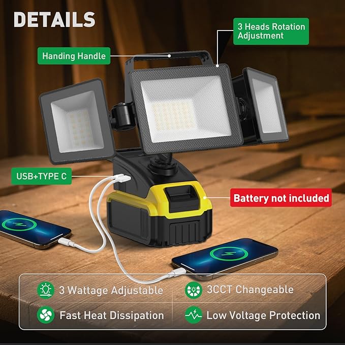 ALUSSO® LED Work Light for Dewalt Battery 18W/27W/36W Adjustable, 3000K/4000K/6500K Worklight with USB&Type C Charging Port, Portable 3 Heads Rotation Outdoor Lamp for Job Site, Fishing, Construction