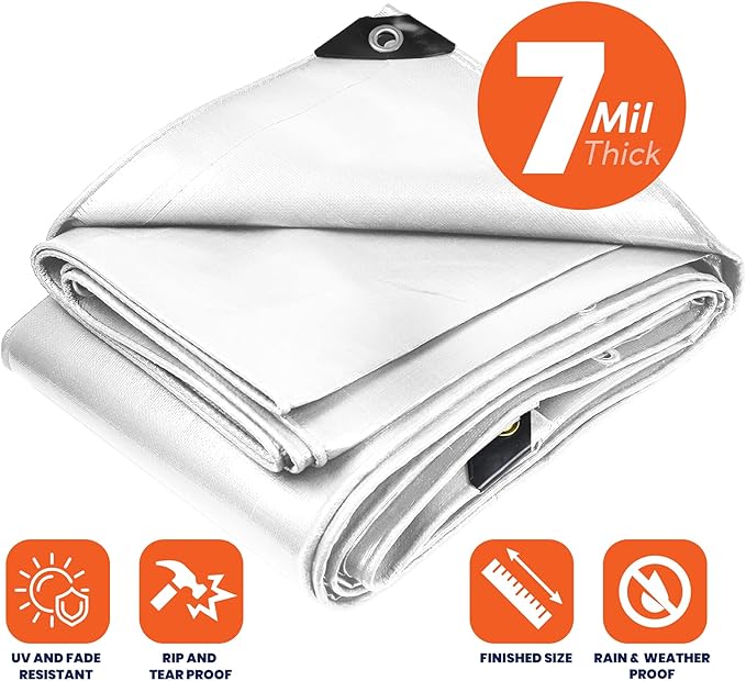 Tarpco Safety Heavy Duty 7 Mil Tarp Cover, Waterproof, UV Resistant, Rip and Tear Proof, Poly Tarpaulin with Reinforced Edges for Roof, Camping, Patio, Pool Cover, Boat (White 12′ X 16′)