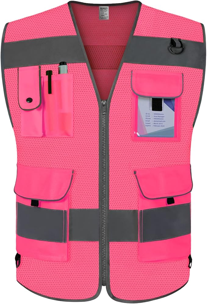TCCFCCT Mesh Pink Safety Vest for Men Women 9 Pockets High Visibility Reflective Vest for Safety, Work Vest with Reflective Strips, Meets ANSI/ISEA Standards, Large