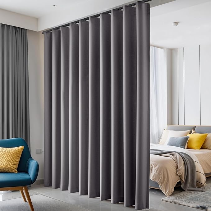 Room Divider Curtains Blackout Ceiling Track Curtain with Hook Wall Mount Sliding Door Curtains Ceiling Mount Extra Wide Curtain Wall Divider for Room Separation (Grey, W180 x H84 Inch)