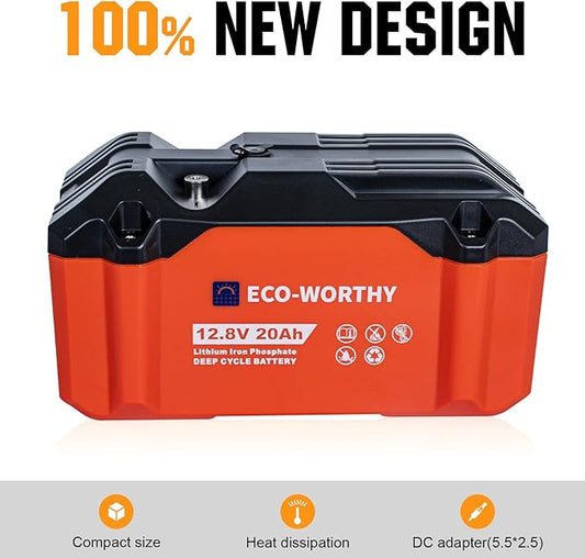 ECO-WORTHY 2 Pack Portable 12V 20AH LiFePO4 Battery, Lithium Deep Cycle Rechargeable Battery, Built-in BMS, 4000+ Cycles,Perfect for Outdoor Camping Fishing Marine Trolling Motor Fishfinder RV