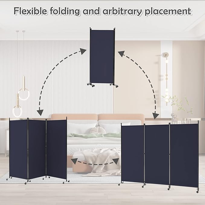 Spurgehom 3 Panel Rolling Room Divider, Folding Partition Privacy Screens, Freestanding Fabric Room Panel, Portable Folding Wall Divider for Office, Room, Restaurant, Hospital (Blue)
