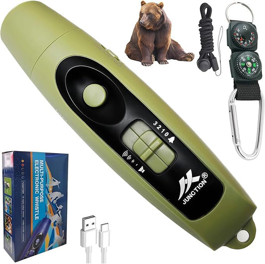 Rechargeable Bear Horn to Scare Bears, 125dB Electronic Air Horn with LED Flashlight & Compass & Thermometer, Electronic Whistle Bear Bells for Safety Hiking Camping Emergency Self Defense