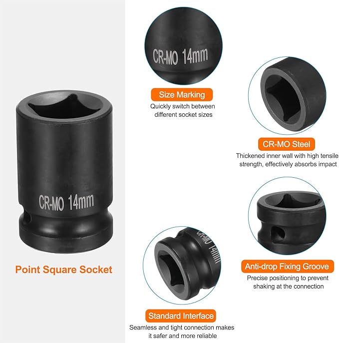 HARFINGTON 4 Point Square Socket 1/2" Drive 14mm Metric Square Impact Socket CR-MO Blackening Standard Wheel Sockets Pneumatic Socket Tool for Auto Repair Mechanical Maintenance Home Use