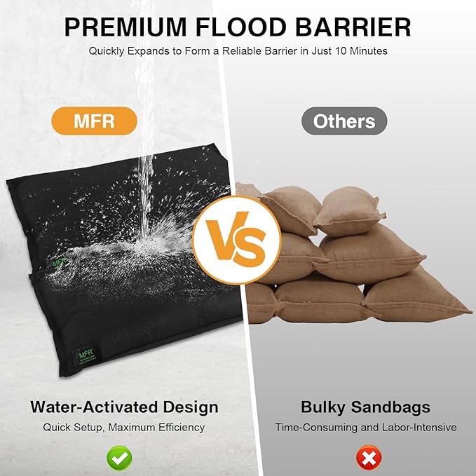 MFR Water Activated Flood Bags for Flooding, Home, Doorway, Driveway, Garage Sandless Sand Bags for Anti Flood Barrier 2ft x 1.3ft, 6-Pcs