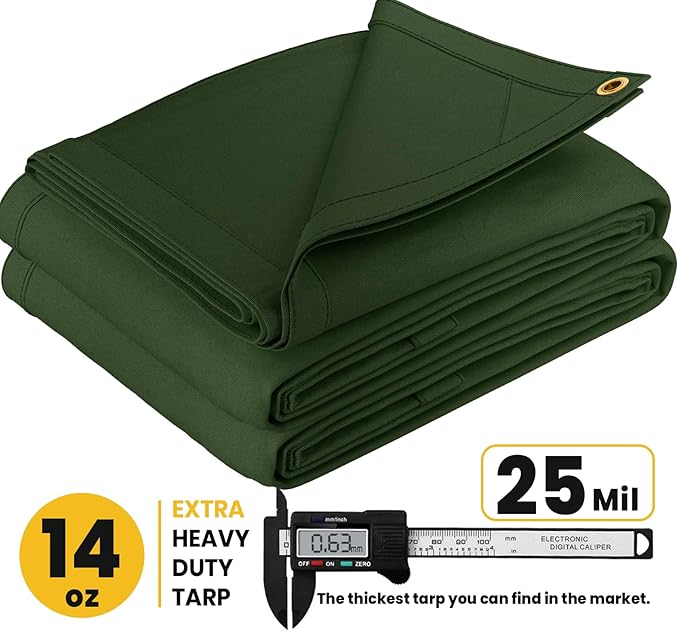PROTARP Heavy Duty 14 OZ Water Resistant Canvas Tarp, UV Resistant Tarpaulin Cover with Rustproof Brass Grommets, Multipurpose for Canopy, Roof, Camping, Woodpile (Olive 5'X7')
