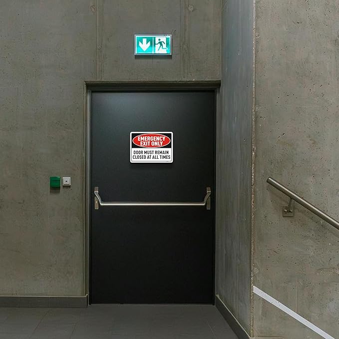 2PC Emergency Exit Only Sign, 10 x 7 Inches - Aluminum - Door Must Remain Closed At All Times Sign, Reflective Rust Free Aluminum, UV Protected, Weatherproof, Easy to Install