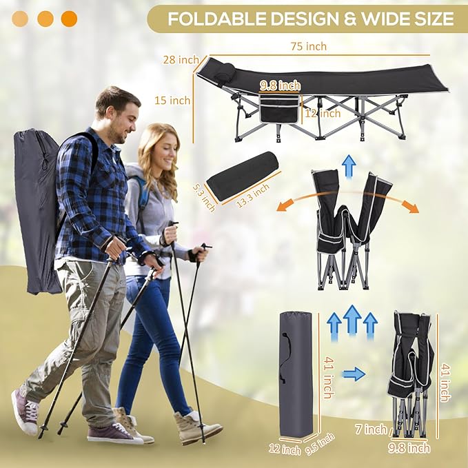 2 Pack Wide Folding Camping Cots with Pillow & Extra Thick 3 Inch Matress, Cots for Sleeping 900 LBS, Camping Bed for Adults with Cushion, Sleeping Cot (Black)
