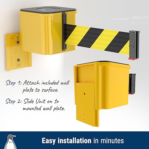 WM412 Retractable Belt Wall Mounted Smooth Black Crowd Control Barrier and Receiving End, 25' Black/Yellow Diagonal Belt