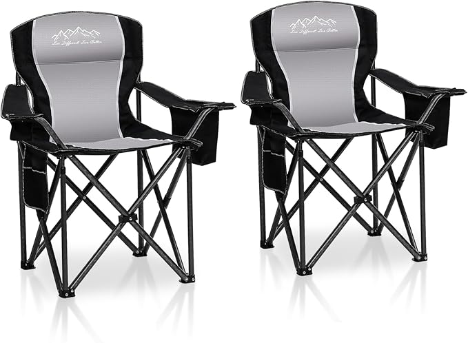 2PCS Folding Camping Chair Portable Outdoor Heavy Duty Padded Chairs Lawn Chair with Cup Holder, Storage Pocket and Cooler Bag, Supports 450LBS Black