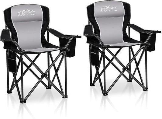 2PCS Folding Camping Chair Portable Outdoor Heavy Duty Padded Chairs Lawn Chair with Cup Holder, Storage Pocket and Cooler Bag, Supports 450LBS Black