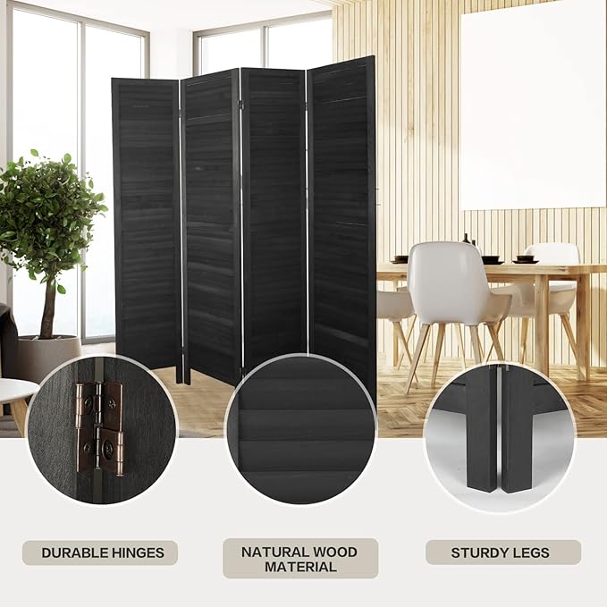 ECOMEX 4 Panel Wood Room Divider 5.6ft.Tall Folding Privacy Screen Panels, Room Divider Wall, Divider for Room Separation, Partition Room dividers and Effectively Block Sight(Black)
