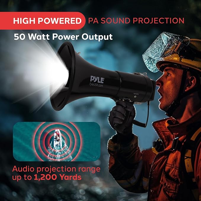 Pyle Portable Compact PA Megaphone Speaker with Alarm Siren & Adjustable Volume - 50W Handheld Lightweight Bullhorn - with Mic, AUX IN for MP3 & Rechargeable Battery - Indoor Outdoor Use - PMP561LTB