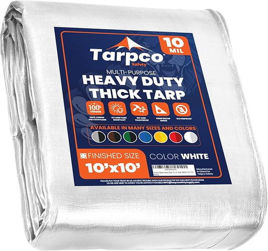 Tarpco Safety Heavy Duty 10 Mil Tarp Cover, Waterproof, UV Resistant, Rip and Tear Proof, Poly Tarpaulin with Reinforced Edges for Camping, Roof, Patio, Pool, Boat. (White 10′ X 10′)