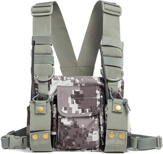 Radio Shoulder Holster Chest Harness Holder Vest Rig for Two Way Radio Chest Front Pack Pouch Walkie Talkie Case with Front Pouches for Kenwood Arcshell Retevis Baofeng UV-5R F8HP UV-82 888S(Camo)