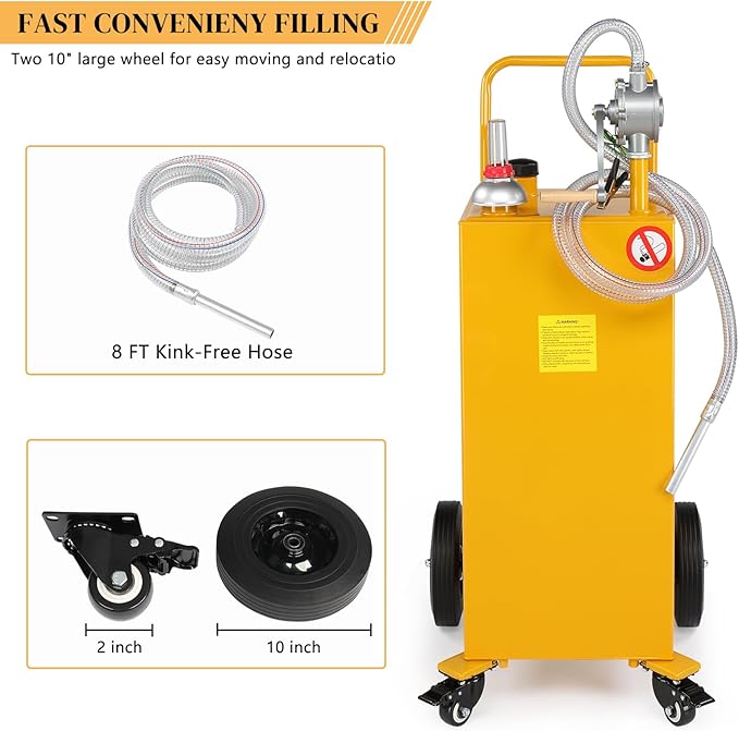AutoForever 30-Gallon Oil Transfer Fluid Diesel Fuel Storage Tanks Gas Caddy Storage Diesel Kerosene Storage Containers with Rolling Flat-Free Solid Rubber Wheels for Boat, ATV, Car, Motorcycle Yellow