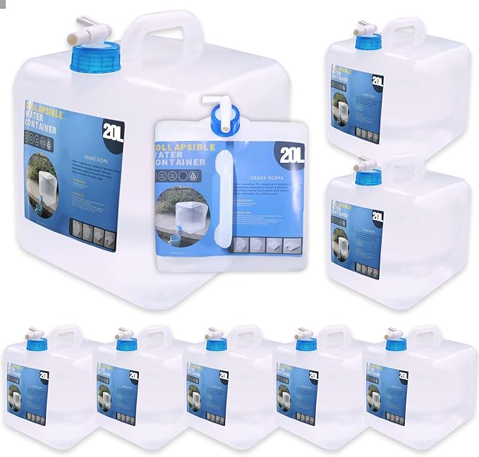 Collapsible Water Container with Spigot, Camping Water Storage Carrier Jug BPA-Free for Outdoors Hiking Backpack & Survival Kit, Foldable Portable Canteen 1.3/2.6/3.9/5.3 Gallon (5.3 Gallon, 8-pack)