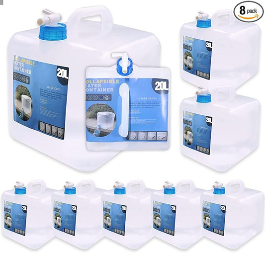 Collapsible Water Container with Spigot, Camping Water Storage Carrier Jug BPA-Free for Outdoors Hiking Backpack & Survival Kit, Foldable Portable Canteen 1.3/2.6/3.9/5.3 Gallon (5.3 Gallon, 8-pack)