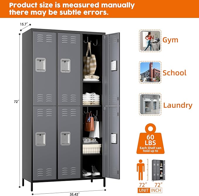 Metal Lockers with 6 Doors and 18 Hooks, 72" Tall Lockers for Employees with 18 Hooks for Home Office School Gym, Assembly Required, Black and Gray