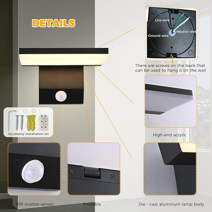 LED Motion Sensor Outdoor Wall IP65 18W, Black Folding LED Wall Lamp, 3000K Waterproof Courtyard Wall for House Porch Garage