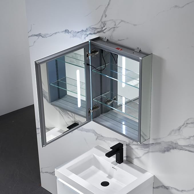 Blossom LED Lighted Medicine Cabinet Mirror for Bathroom 20x26 Inch, Left Hinge Recessed/Surface Mount - LED Mirror Cabinet with Lights, Defogger/3 Color Dimmer, Perfect Makeup Vanity