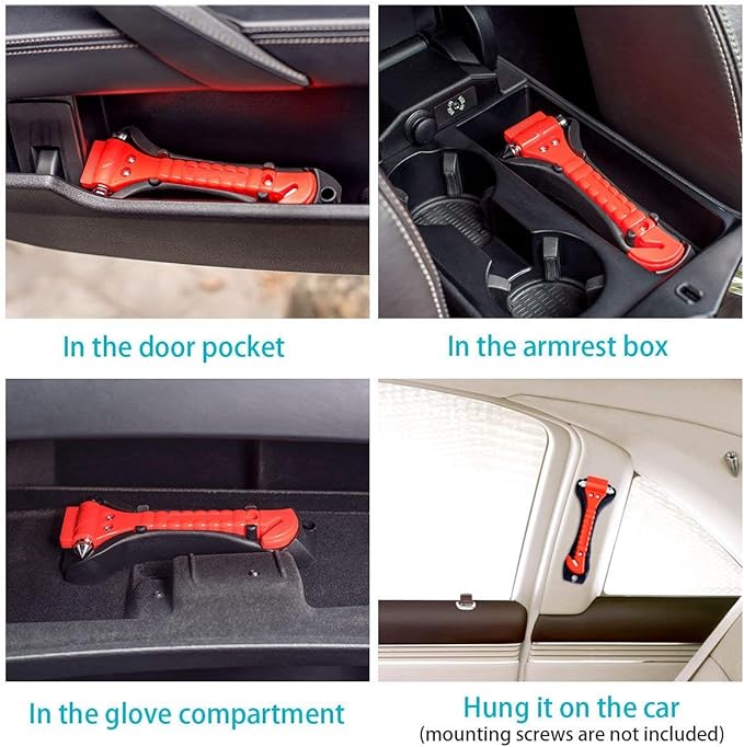 4 PCS Car Safety Hammer,with Car Window Glass Hammer Breaker and Safety Seat Belt Cutter 2-in-1 Emergency Escape Tool, Survival Kit Red