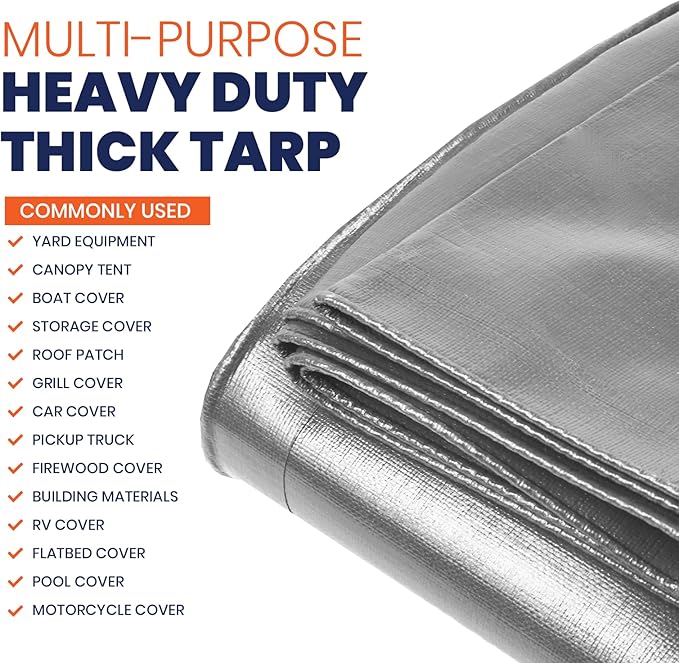 Tarpco Safety Extra Heavy Duty 14 Mil Tarp Cover, Waterproof, UV Resistant, Rip and Tear Proof, Poly Tarpaulin with Reinforced Edges for Roof, Camping, Patio, Pool, Boat (Silver/Black 30′ X 30′)