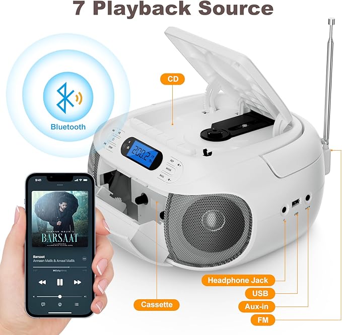 CD Cassette Player Combo, Hernpark Rechargeable Boombox with Bluetooth 5.1, CD Player with Remote Control, Tape Recording, FM Radio, Super Bass, Stereo Sound, Aux/USB Drive, Headphones Jack -White