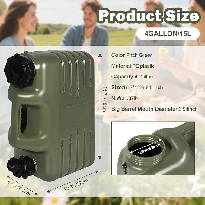 REDCAMP 4 Gallon/15L Portable Water Container with Spigot, Camping Water Jugs, Water Tank, Portable Emergency Water Storage for Camping, Car, Hiking&Hurricane Supplies, Green