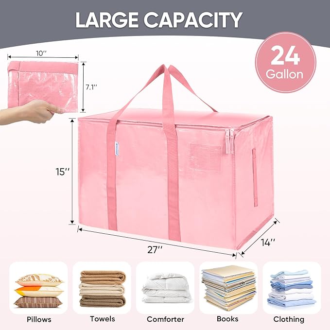 TICONN 6 Pack Extra Large Moving Bags with Zippers & Carrying Handles, Heavy-Duty Storage Tote Moving Boxes for Space Saving (6 Pack, Coral)