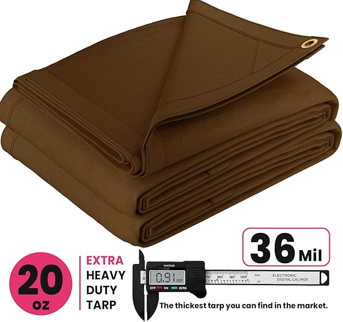 PROTARP Extreme Heavy Duty 20 OZ Water Resistant Canvas Tarp, UV Resistant Tarpaulin Cover with Rustproof Brass Grommets, Multipurpose for Canopy, Roof, Camping, Woodpile (Brown 10'X10')