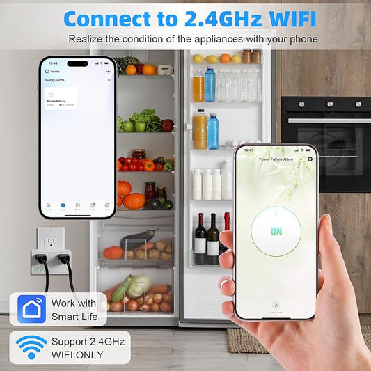 Freezer Alarm Wireless WiFi Alert 2.4GHz,Power Failure Alarm with 2 Socket, 110dB Power Loss Alert with LED Indicator,Blackout Alert for GFCI Trips,Refrigerator,Freeze,Compatible with Smart Life