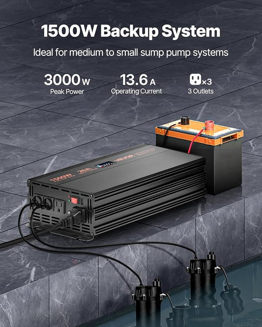 VEVOR Sump Pump Battery Backup System, 1500W, Auto Switches to Battery Inverter for Continuous Sump Pump Operation, Pure Sine Wave, LCD Display, for Basement Protection Emergency and Power Outage