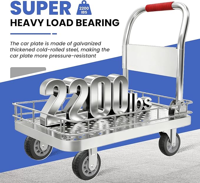 Heavy Duty Platform Truck with 6-Inch Brake Silent Wheels, Foldable Push Cart with Detachable Steel Wire Fence, Flat Hand Trucks for Gardens, Warehouses, Workshops (43.3 * 25.6 * 42.2in)
