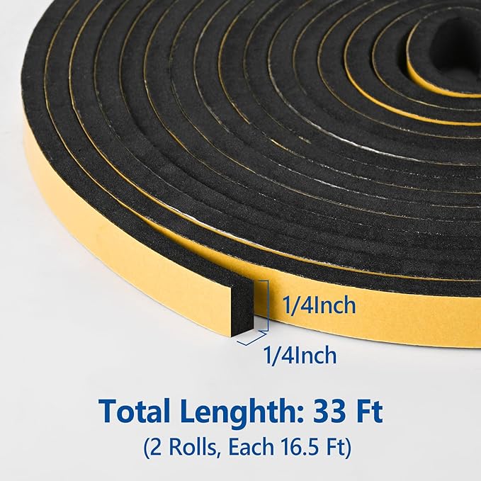 Self Adhesive Foam Tape Weatherstrip 1/4in x 1/4in x 33Ft High Density Foam Insulation Strips Foam Seal Weather Stripping with Strong Adhesive for Door and Window Sound Isolation Soundproofing
