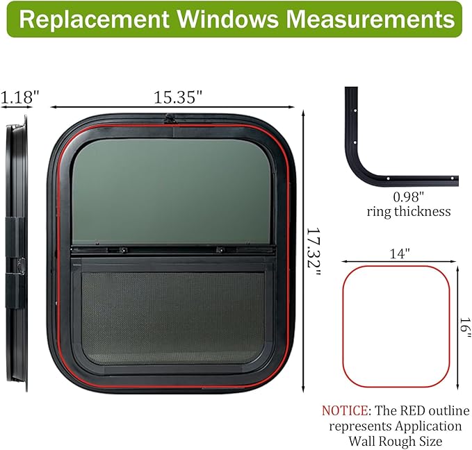 14"x16" RV Window - Vertical Sliding Teardrop Style, DOT-Certified Tempered Glass & Trim Set, Aluminum Alloy Frame w/Mesh Screen