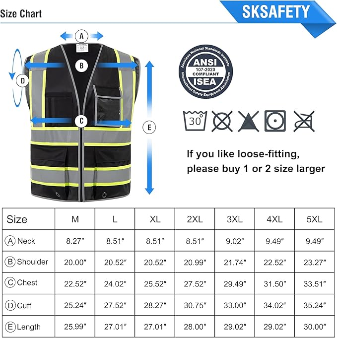 SKSAFETY 10 Pockets Safety Vest, Class 2 High Visibility Security with Zipper, Hi Vis Vest with Reflective Strips, ANSI/ISEA Standard, Construction Work Vest for Men ＆ Women （Black, 2XL）