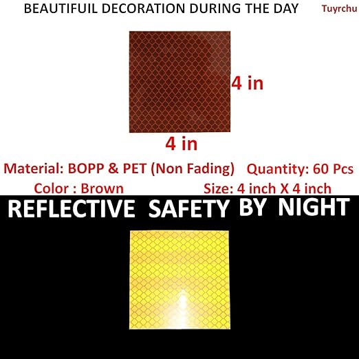 Brown Reflective Stickers 4 inch X 4 inch, Outdoor Waterproof High Visibility Warning Safety Adhesive Reflector Tape (60 Pcs)