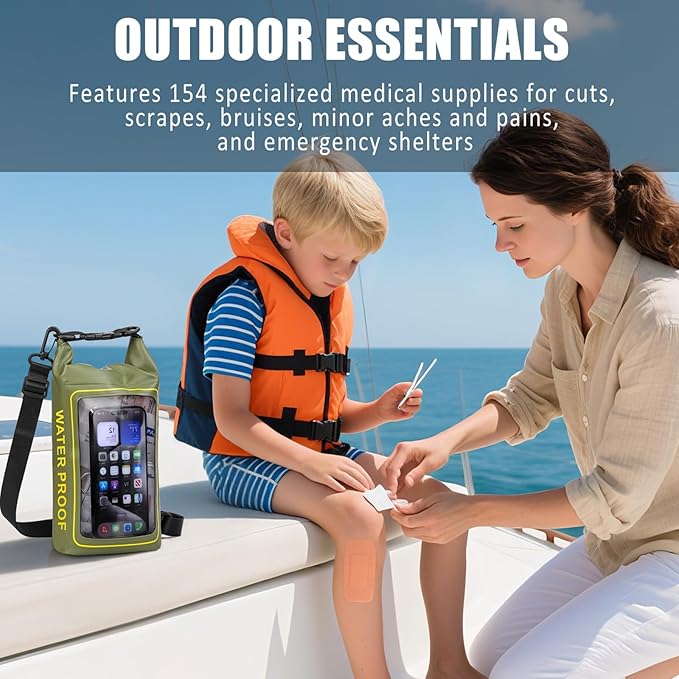 154 Pieces Waterproof Boat First Aid Kit Dry Bag with Cell Phone Bug Out Bags Pouch Roll Top Boat Emergency Kit 2-in-1 for Camping Fishing Kayaking Swimming Rafting