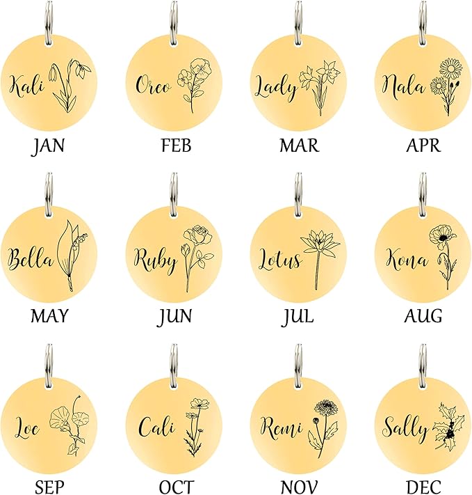 Ultra Joys Personalized Dog Tags for Pets - Durable Stainless Steel Customizable Dog Cat ID Tags - Dog Tags for Safety Optional Engraved on Both Sides -Birth Flower Round Dog Tag Small, Gold