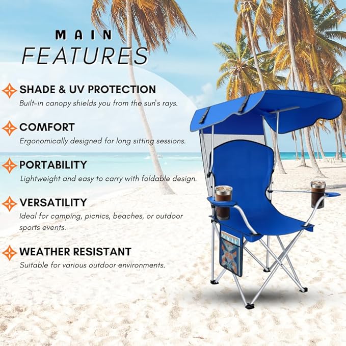 Portable Folding Camping Chairs with Canopy Shade, Beach Chair for Adults, Durable Weather Resistant 600D Oxford Cloth, Camping Chair with Canopy for Outdoors [Blue-2 Pack]