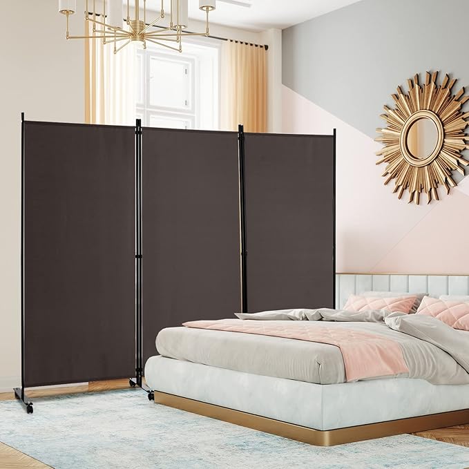 Giantex 3 Panel Room Divider with Wheels, 103''W x 71''H Folding Privacy Screen, Rolling Partition Room Dividers for Home Office Studio, Freestanding Fabric Wall Divider for Room Separation, Brown