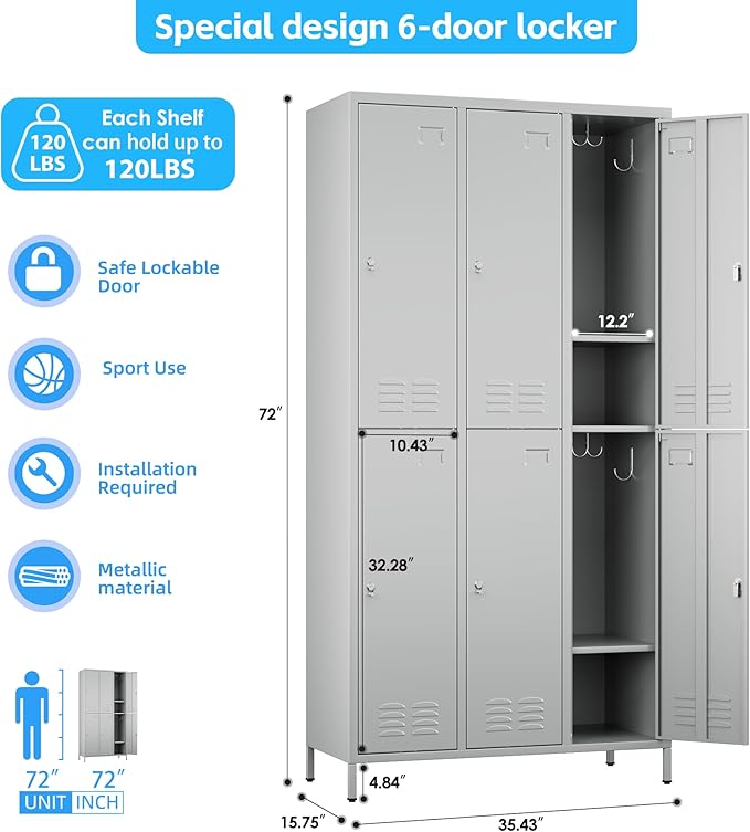 Metal Lockers for Employees with 6 Doors and 18 Hooks, 72”H Storage Locker with Card Slot for Office Gym School Bedroom, Light Gray, Assembly Required