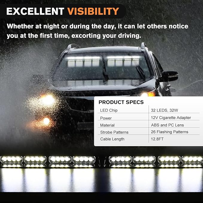 Nilight 32LED White Emergency Dash Strobe Lights with Controller Suction Cups Warning Hazard Interior Front/Rear Windshield Deck Split Light Bar for Trucks Construction Vehicles