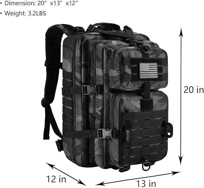 MOLLE Assault Pack, Tactical Backpack Military Army Camping Rucksack, 3-Day Pack Trip w/USA Flag Patch, D-Rings, Black Camo
