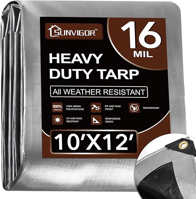 Tarp 10x12FT, Extra Thick 16Mil Heavy Duty Waterproof Tarps with Brass Grommets and Reinforced Edges, Tear & Fade Resistant, 100% UV Blocking Outdoor Tarp for Roof Camping Pool Boat (Silver/Black)