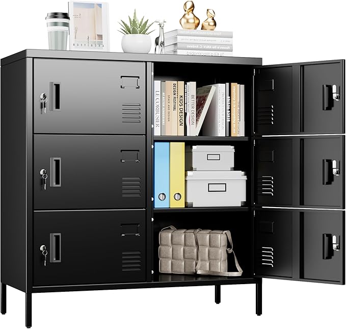 S‌UPEER 6 Doors Metal Storage Locker with Card Slot,Metal Locker for Employees with Keys and Ventilation Holes,Suitable for Office, Home, Bank, School,Gym,Requires Installation,Black